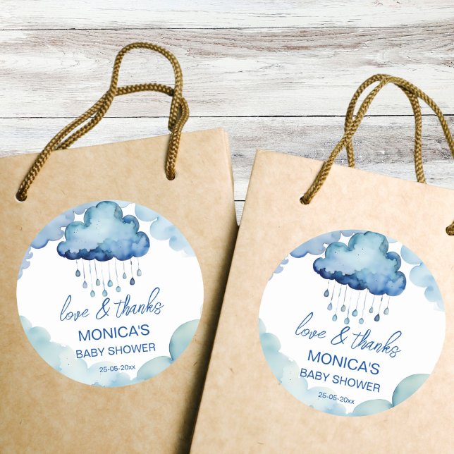 Åh Baby molntäckdusch tack. Runt Klistermärke (Oh Baby cloud baby shower favor thank you  Sticker whimsical blue cloud with raindrops favor sticker)