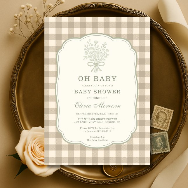 Åh Baby Neutral Rutig Baby Shower Inbjudningar (Skapare uppladdad)