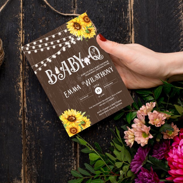 Åh Baby-Q Baby Shower Rustik Solros BBQ Inbjudningar (unisex backyard couples baby shower Baby-Q western Rustic Sunflower BBQ boho wooden CELEBRATE MOTHER)