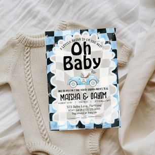 Åh Baby Racingbil Randig Blå Babyfirande Inbjudningar