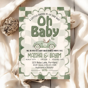 Åh Baby Racingbil Randig Sagegrön Baby Shower Inbjudningar