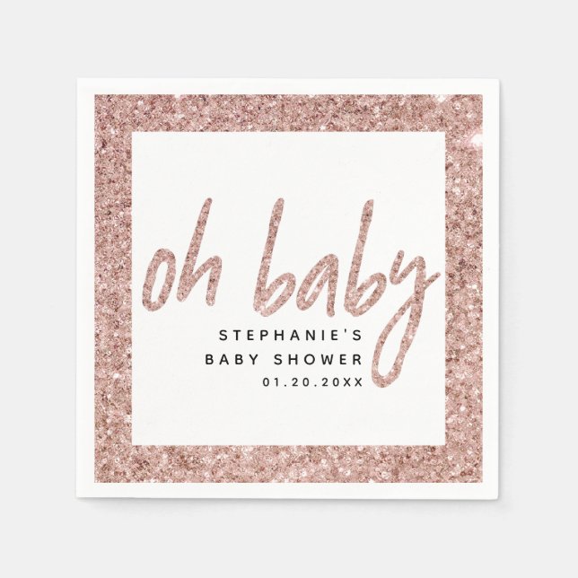 Åh Baby Ro Guld Rosa Glitter Baby Shower för barn  Pappersservett (Framsidan)