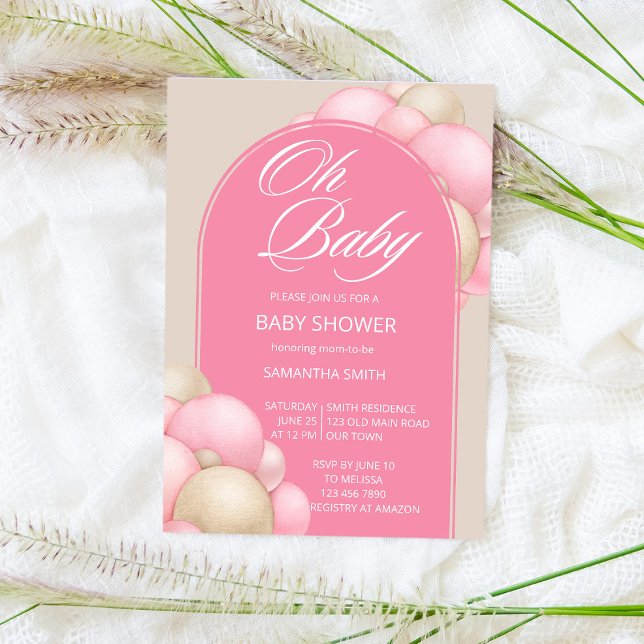 Åh baby rosa beige ballonger är minimalistisk enke inbjudningar (Skapare uppladdad)