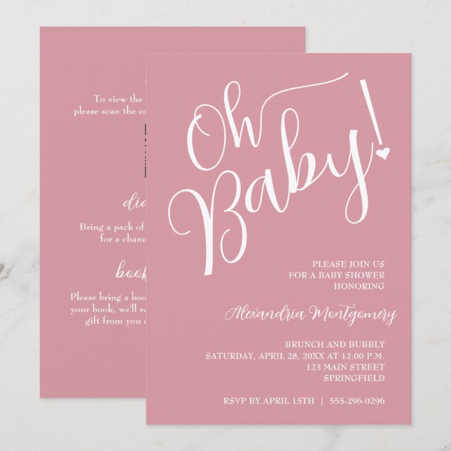 Åh Baby! Rosa Girl Baby Shower QR-kod Inbjudningar (Fram/baksida)