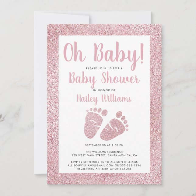 Åh Baby Rosa Glitter Baby Feet Flicka Shower Inbjudningar (Framsida)