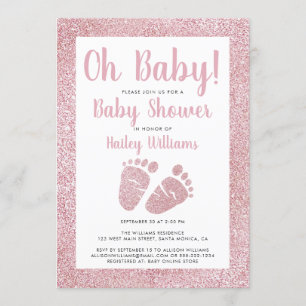 Åh Baby Rosa Glitter Baby Feet Flicka Shower Inbjudningar
