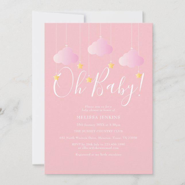 Åh Baby Rosa Glitter Glitter Babykalas/Sprinkle Inbjudningar (Framsida)