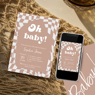 Åh Baby! Rosa Kontrollerad | Gingham | Babydusch I Inbjudningar