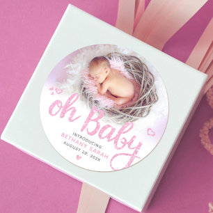 Åh Baby Rosa Modern Sweet Girl Birth Photo Chic Runt Klistermärke
