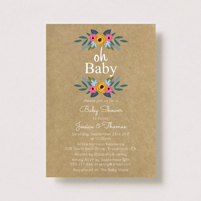 Åh Baby! Rustic Kraft Blommigt Wand Baby Shower Inbjudningar (Skapare uppladdad)