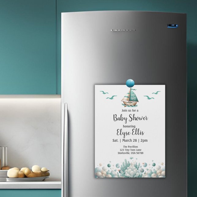 "Åh, Baby" Rustic Nautical Blue Shower Magnet ("Oh, Baby" Baby Shower Magnetic Invitation)