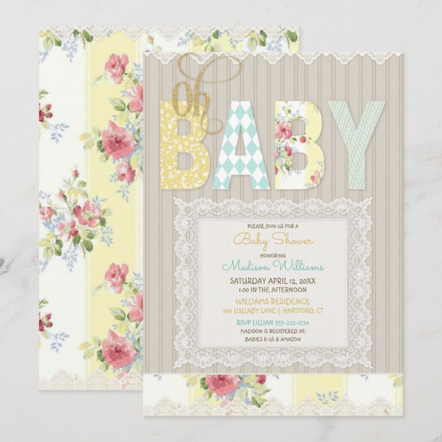 Åh Baby Rustik Träspets Könsneutral Gul Inbjudningar (Fram/baksida)