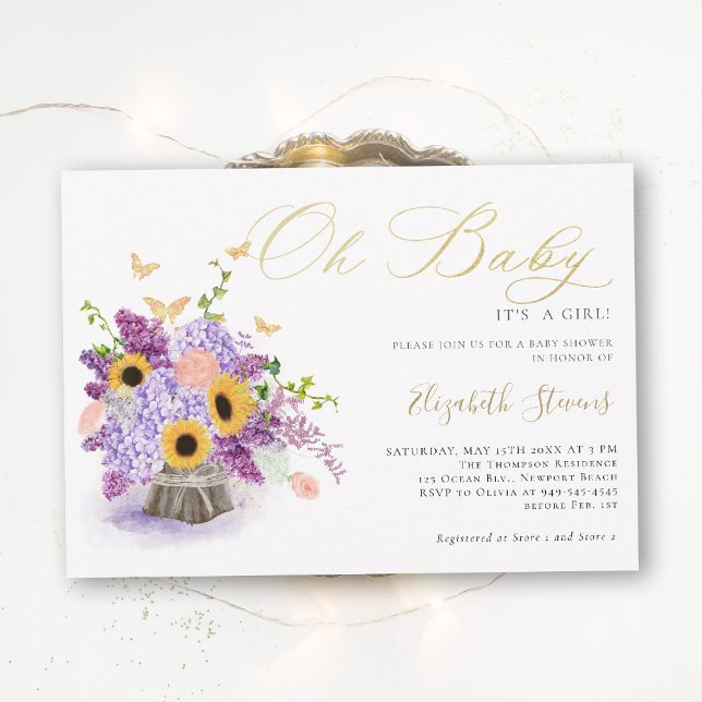 Åh Baby Rustika Solrosar Fjärilar Babyfirande Inbjudningar (girl baby shower invitation rustic sunflower hydrangea lilac butterflies gold elegant faux gold)