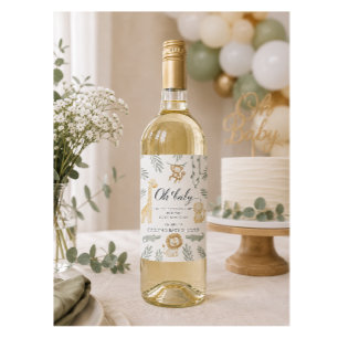 Åh Baby Safari Djur Baby Shower Dschungel Grönska Vinflaska Etikett
