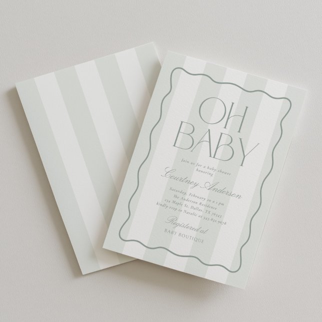 Åh Baby Sagegrön Modern Randig Bebis Bebis Shower Inbjudningar (Skapare uppladdad)