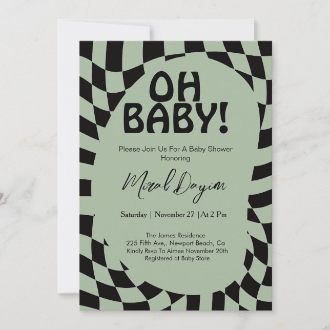 Åh Baby! Sagegrön Rutig Modern Bebis Shower  Inbjudningar (Framsida)