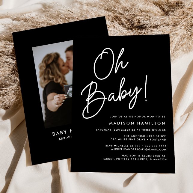 Åh Baby Script Black Minimalist Photo Baby Shower Inbjudningar (Skapare uppladdad)