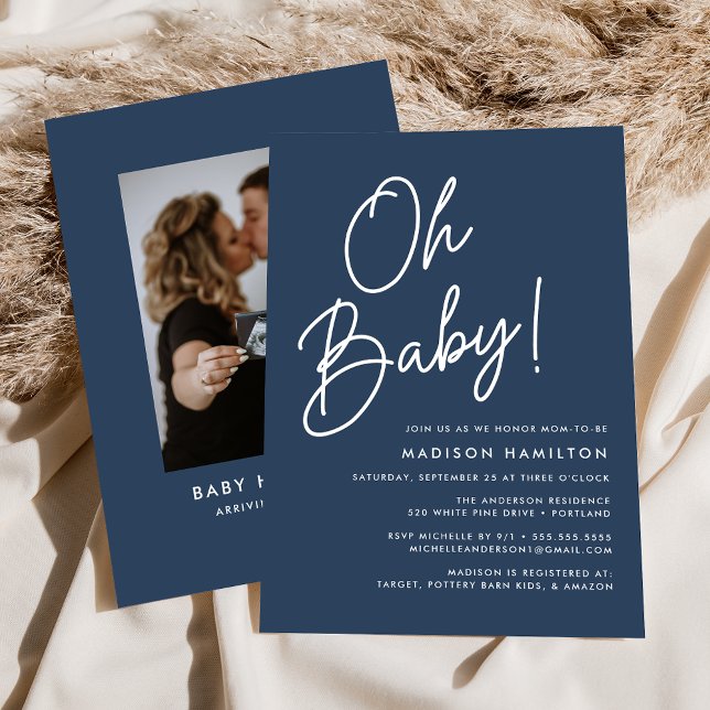 Åh Baby Script Marinblå Foto Babyfirande Inbjudningar (Skapare uppladdad)
