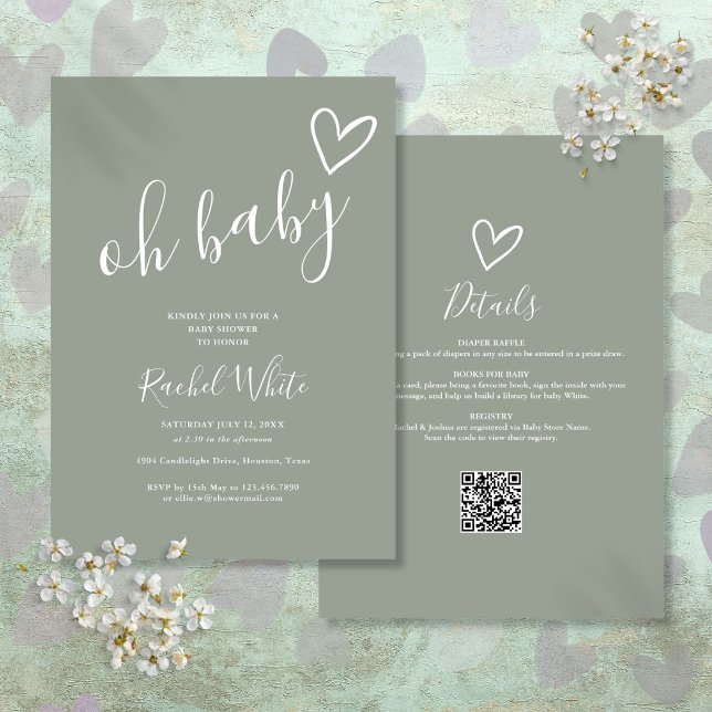 Åh Baby Shower Allt-i-ett Neutral Ljusgrön Inbjudningar (Oh Baby Shower All In One Neutral Sage Green Invitation)