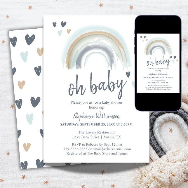 Åh Baby Shower Blå Boho Regnbåge Inbjudan (Skapare uppladdad)