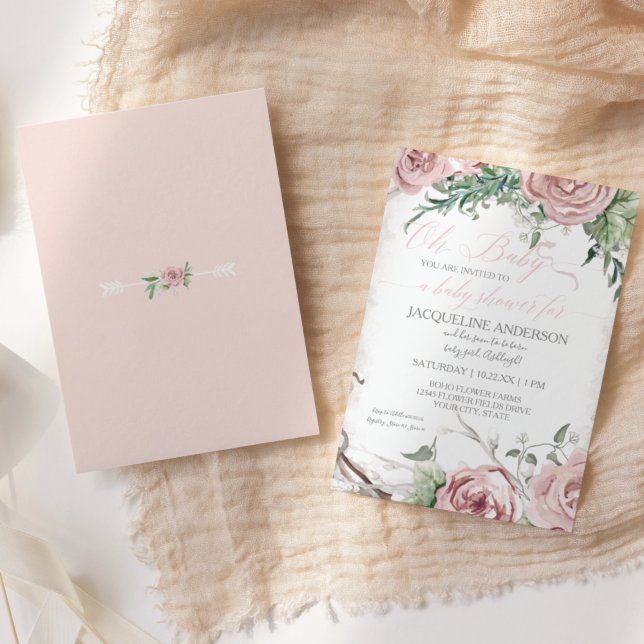 Åh Baby Shower Flicka BOHO Akvarell Blomster Krona Inbjudningar (Skapare uppladdad)