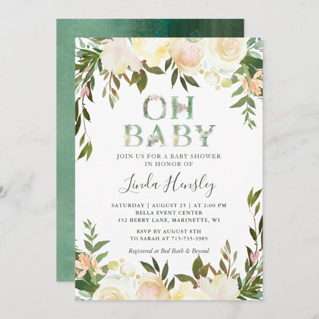 Åh Baby Shower Typography Blommigt Greenery White Inbjudningar (Fram/baksida)