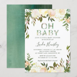 Åh Baby Shower Typography Blommigt Greenery White Inbjudningar