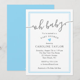 Åh Baby Simple Blue Heart Boy Baby Shower Inbjudningar