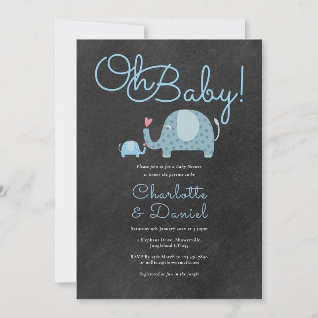 Åh Baby Söta Elefanter Par Baby Shower Inbjudningar (Framsida)