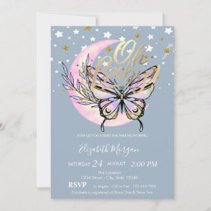 Åh Baby Stjärnor Måne Fjäril Blå Baby Shower Inbjudningar