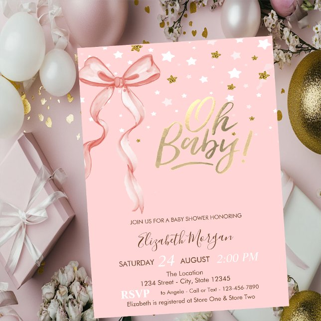 Åh Baby Stjärnor Rosa Band Babyfirande Inbjudningar (Skapare uppladdad)