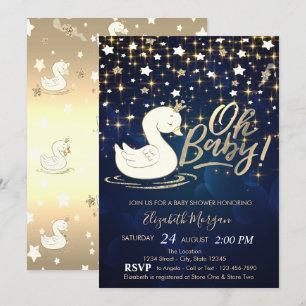 Åh Baby Svan Krona Guldstjärnor Baby Shower Inbjudningar