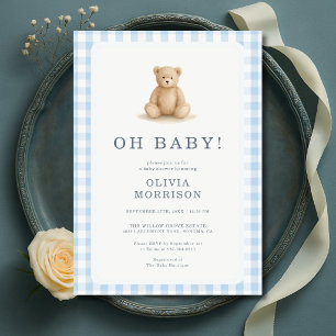 Åh Baby Teddy Bear Rutigt Babyfirande Inbjudningar