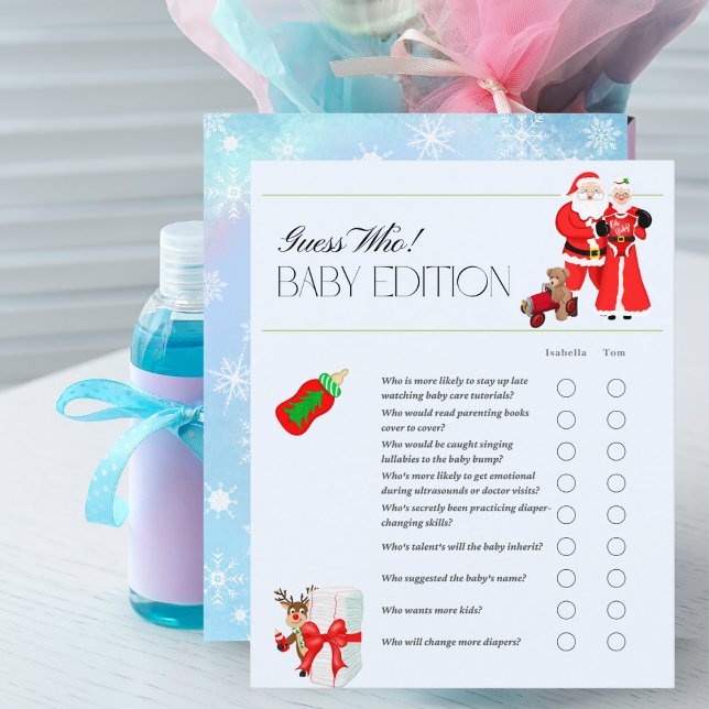 Åh Baby Tomte & Mrs. Claus Baby Shower-spel (A sweet Christmas themed Guess Who! party game.)