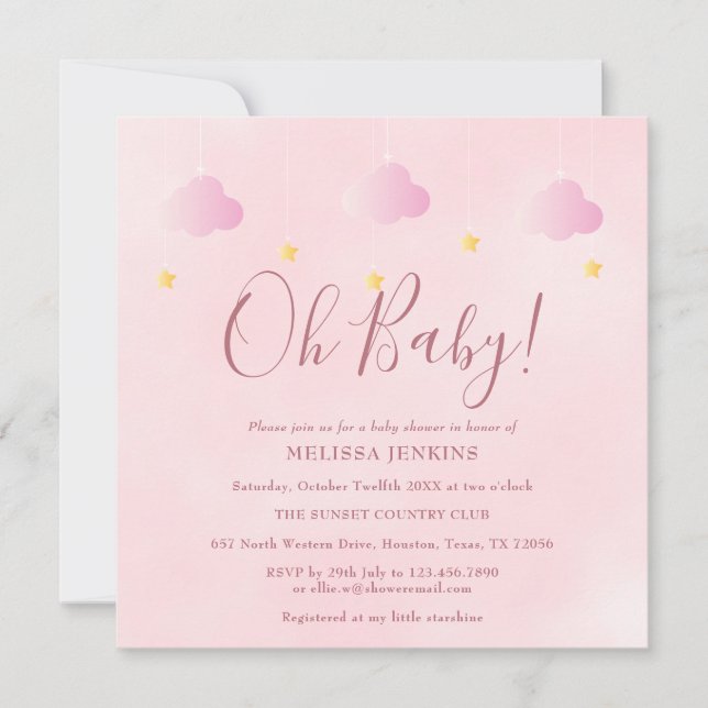 Åh Baby Twinkle Twinkle Mjuk Rosa Babyfirande Inbjudningar (Framsida)