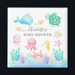 Åh Baby under Sea Baby Shower Magnet<br><div class="desc">Under havets utformning är baby lämplig med en rosa bläckfisk,  val,  havssköldpadda,  geléfisk,  krabba,  sjöhäst och fisk med vit bakgrund. Perfekt till din sommartema Havsdusch för ett flicka.</div>