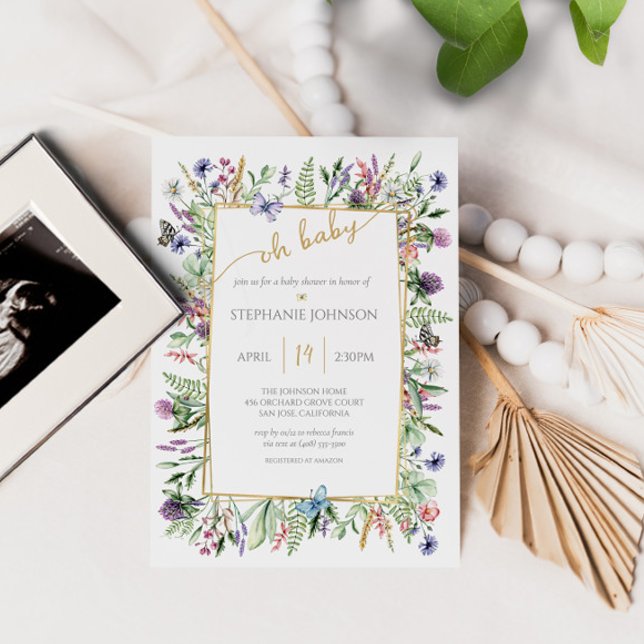 Åh Baby Vildblomma Trädgård Guld Ram Baby Shower Inbjudningar (Skapare uppladdad)