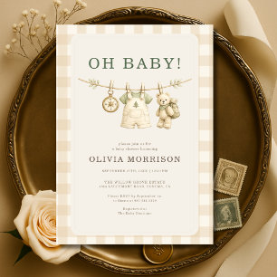 Åh Baby Woodland Klädstreck Rutig Babyfirande Inbjudningar