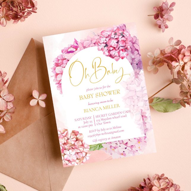 Åh, babydusch rosa hydrangeas elegant blommigt Arc Inbjudningar (Oh baby shower pink hydrangeas baby shower invitation it's a girl )
