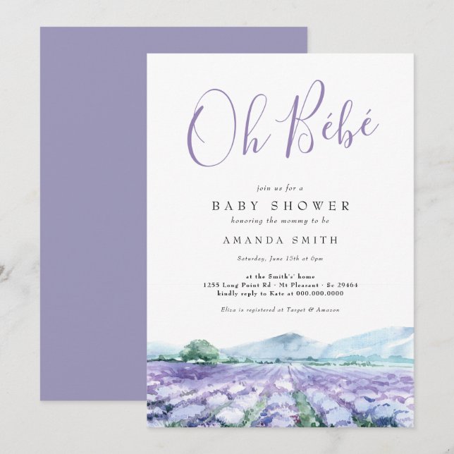 Åh Bebe Fransk Lavender Baby Shower Inbjudningar (Fram/baksida)