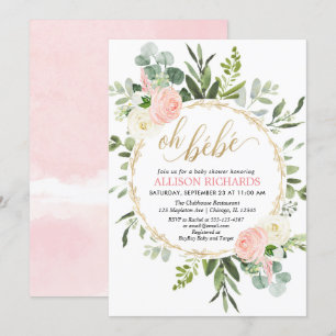 Åh Bebe rosa guld Fransk blommigt Flickor dusch Inbjudningar