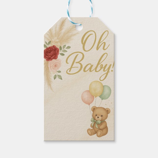 Åh Bebis! Teddybjörn & Pampas Blommig Bebis Shower Presentetikett (Framsidan)