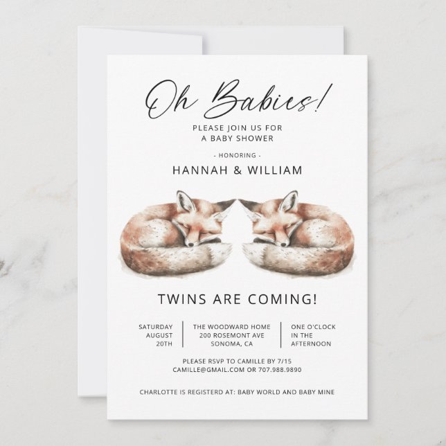 Åh bebisar tvillingar små rävar baby shower inbjudningar (Framsida)