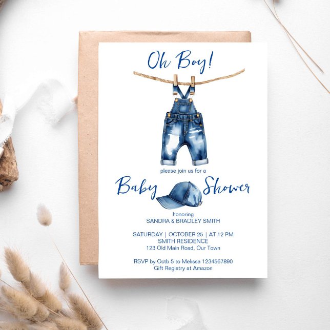 Åh, blå jeans babyduschmall inbjudningar (Oh boy blue jeans baby shower template invitation digital download baby jeans on a line sports cap)