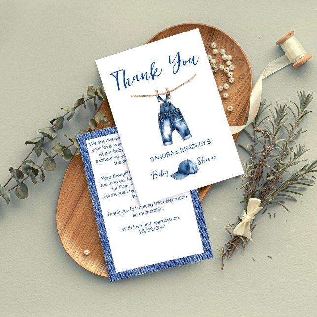 Åh, blå jeans babyduschmall tack kort (Oh boy blue jeans baby shower template thank you card modern minimalist  thank you cards cute )