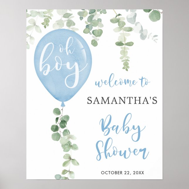 Åh, Blue balloon eucalyptus babydusch välkommen Poster (Framsidan)