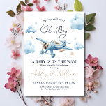 Åh, grabben! Äventyr väntar på babyskor på flygpla Inbjudan<br><div class="desc">Editable Airplan Baby Shower-inbjudan. Fira att en liten flygare kommer att anlända med den här charmerande flygplansdrivna babyduschinbjudan! Med ett vintage vattenfärgsflygplan,  mjuka moln och typografi av eleganten är detta en perfekt för en dusch i pojke.</div>
