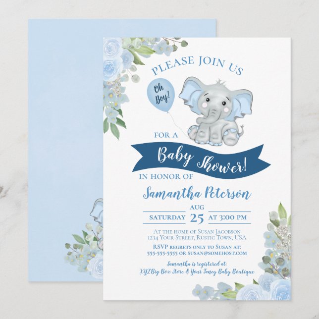 Åh, grabben! Babyskor för Cute Elephant Blue Blomm Inbjudningar (Fram/baksida)