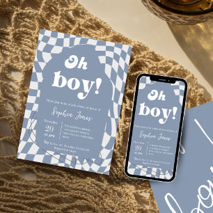 Åh, grabben! Blått utcheckat Gingham Babydusch Inbjudningar
