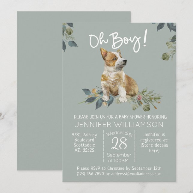 Åh, grabben! Hund Baby Shower Corgi Puppy Inbjudningar (Fram/baksida)